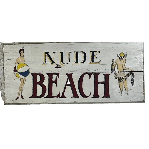 Nude Beach Sign, Wood Hand Painted Pin Up Girls 24" L x 10.5" T Directional Sign